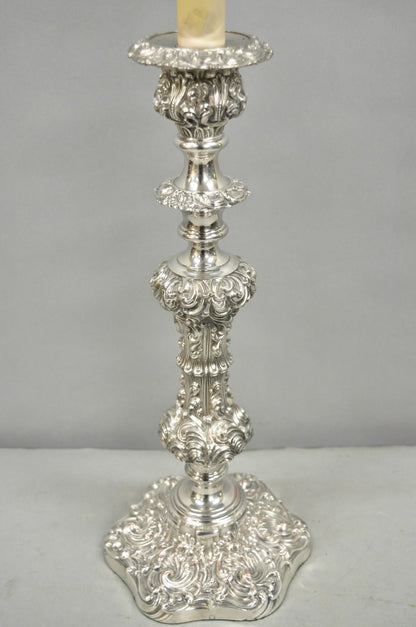 Antique English Victorian Silver Plated Scroll Repousse Candlestick Table Lamp