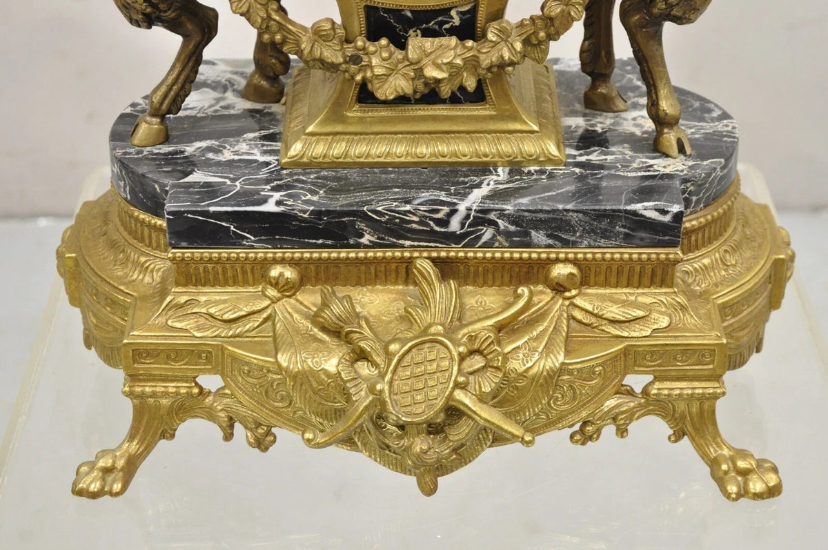 Vintage French Louis XV Style Brevettato Italy Brass & Marble Figural Clock Set