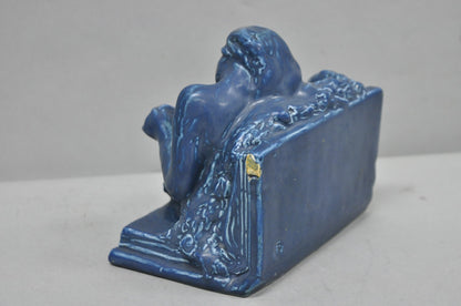 Antique Rookwood Blue Glazed Ceramic Nude Female Figure Reading Book Bookend