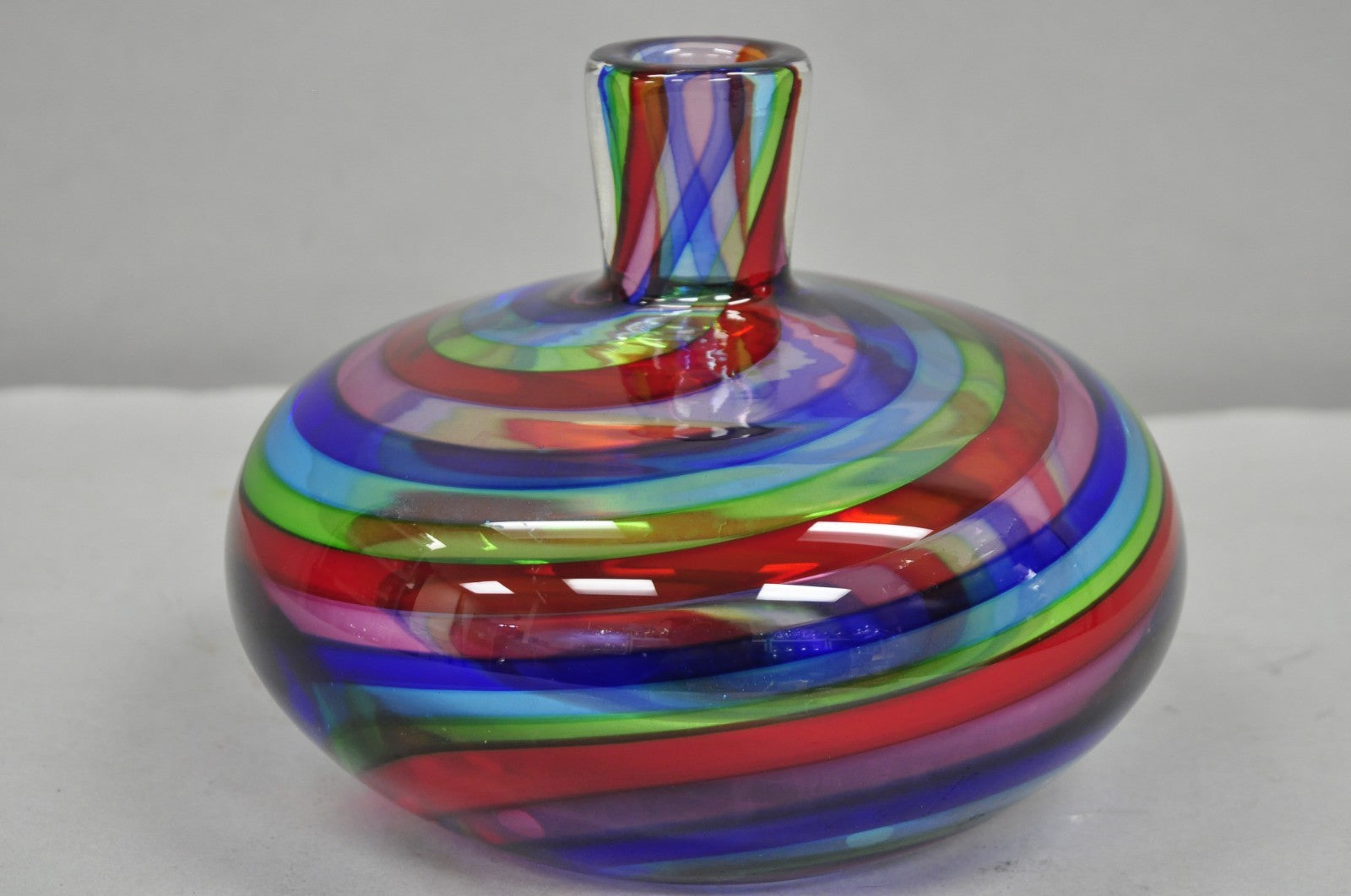Vintage Mid Century Modern Italian Murano Style Rainbow Swirl Glass Vase