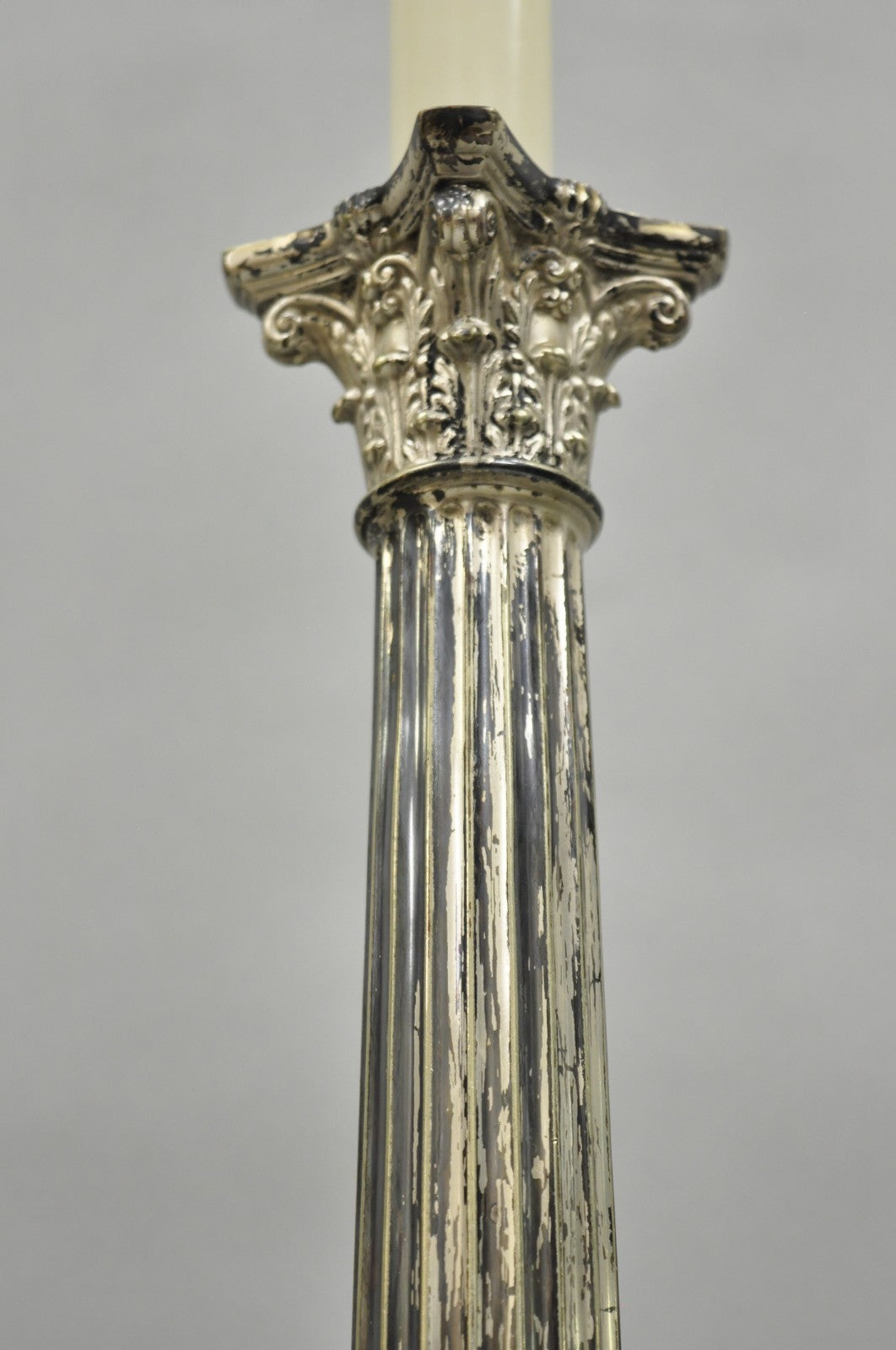Antique French Empire Silver Plated Corinthian Column Candlestick Table Lamp