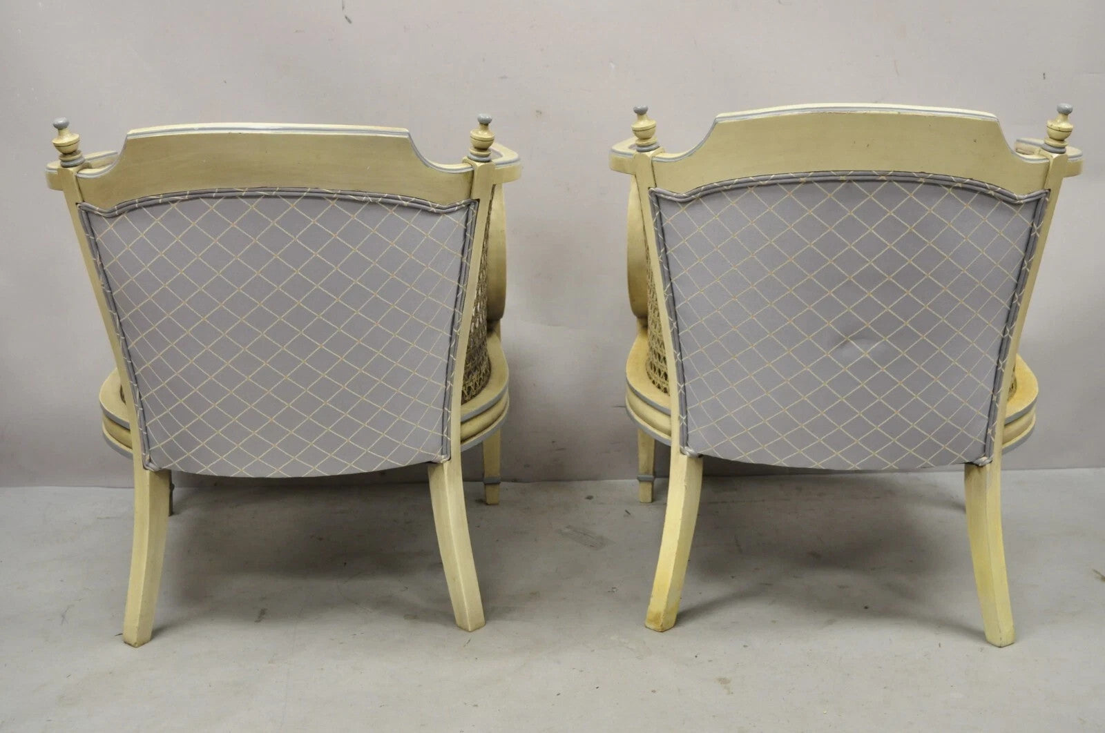 Vintage Hollywood Regency Cream Painted Cane Side Club Lounge Chairs - a Pair