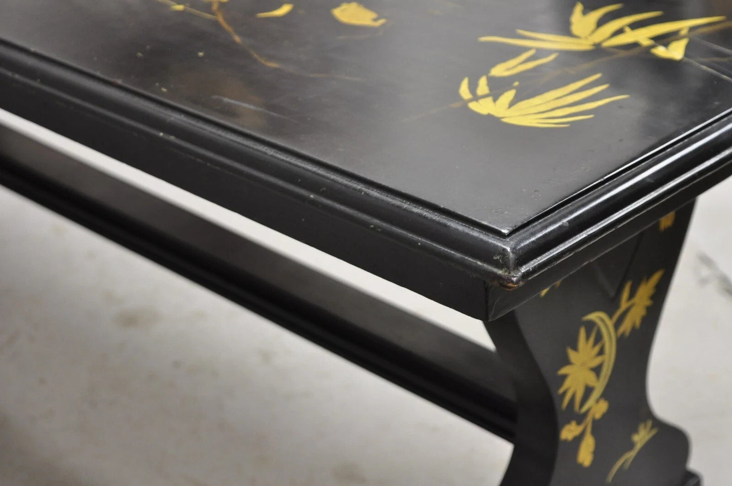 Vintage Chinoiserie Oriental Black Lacquer Gold Gilt Trestle Bench Coffee Table