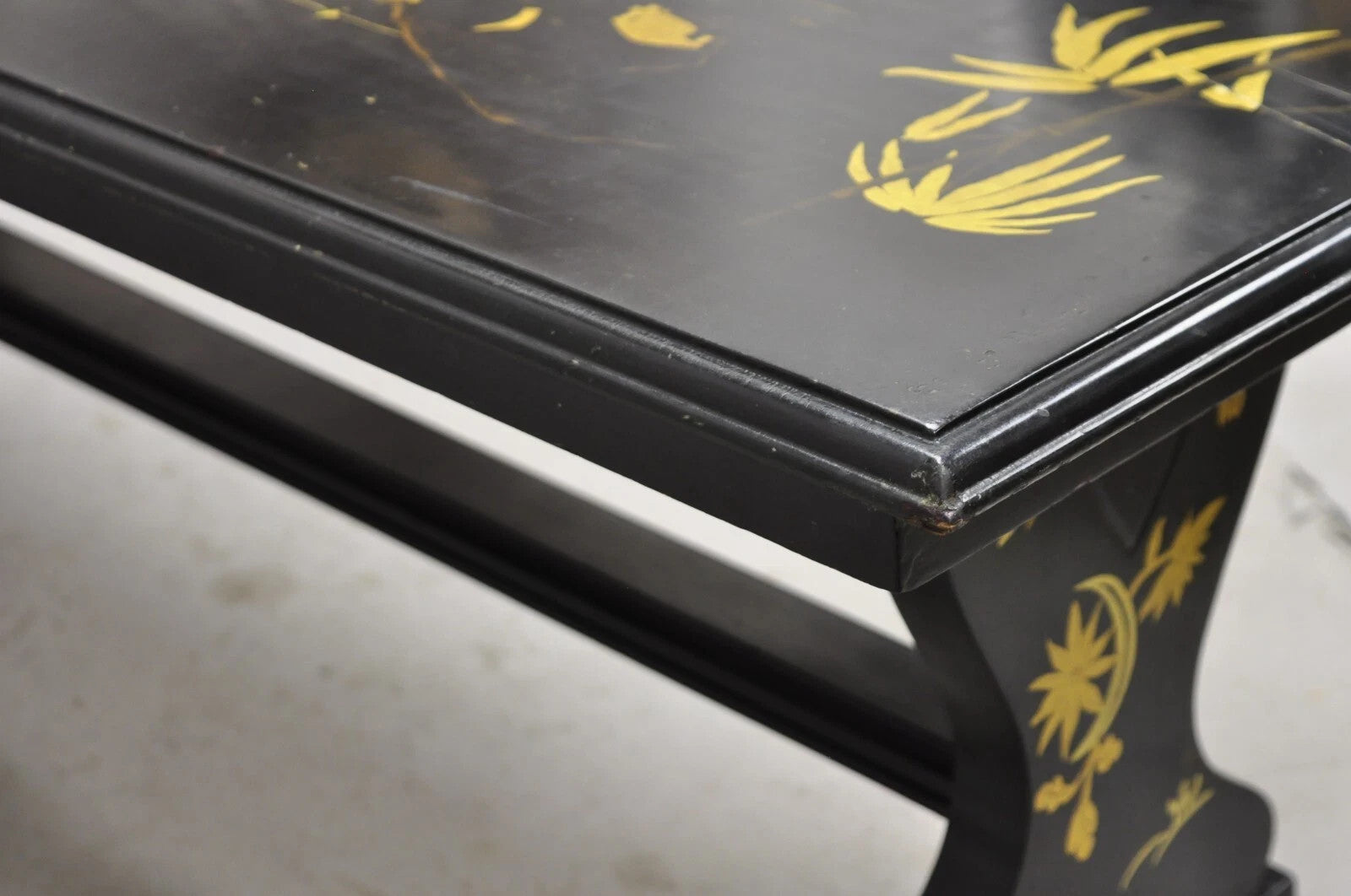 Vintage Chinoiserie Oriental Black Lacquer Gold Gilt Trestle Bench Coffee Table