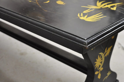 Vintage Chinoiserie Oriental Black Lacquer Gold Gilt Trestle Bench Coffee Table