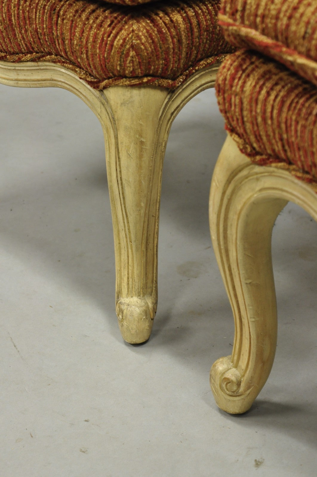 French Country Provincial Cabriole Leg Orange Square Footstool Ottoman Pair