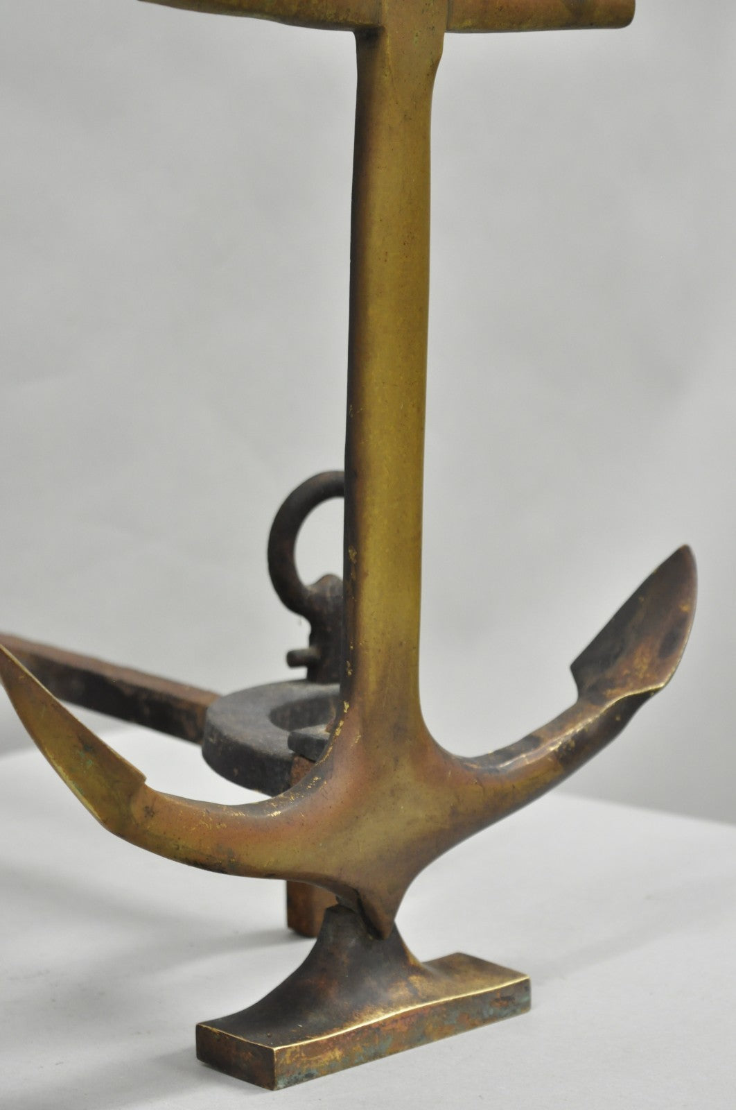 Antique Nautical Figural Ship Anchor Brass Fireplace Andirons w/ Patina - a Pair