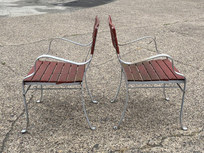 Vintage Wrought Iron and Wood Slat French Style Garden Outdoor Chairs - a Pair
