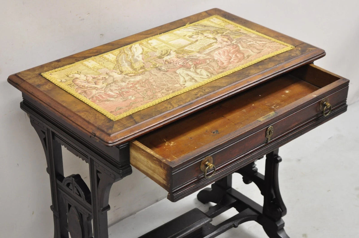 Antique Eastlake Victorian Carved Walnut Small Sewing Stand Tapestry Side Table