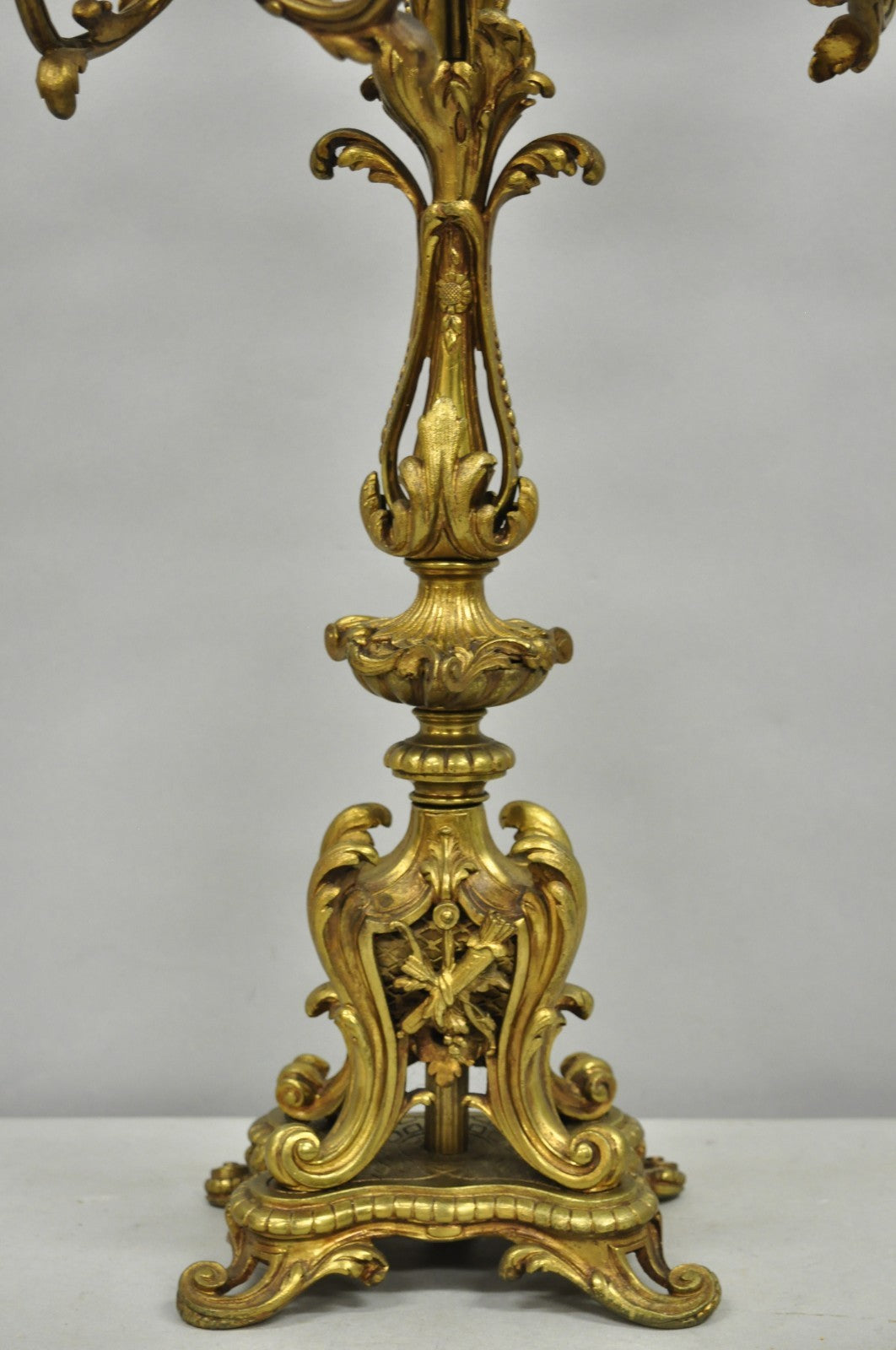 Antique French Rococo Baroque Gold Bronze Leafy Scroll Candelabra Table Lamp