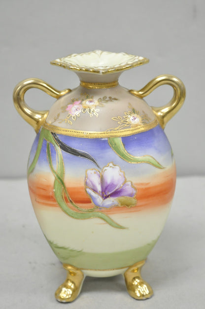 Antique Nippon Moriage Hand Painted Porcelain Purple Iris & Gold Gilt Vase Pair