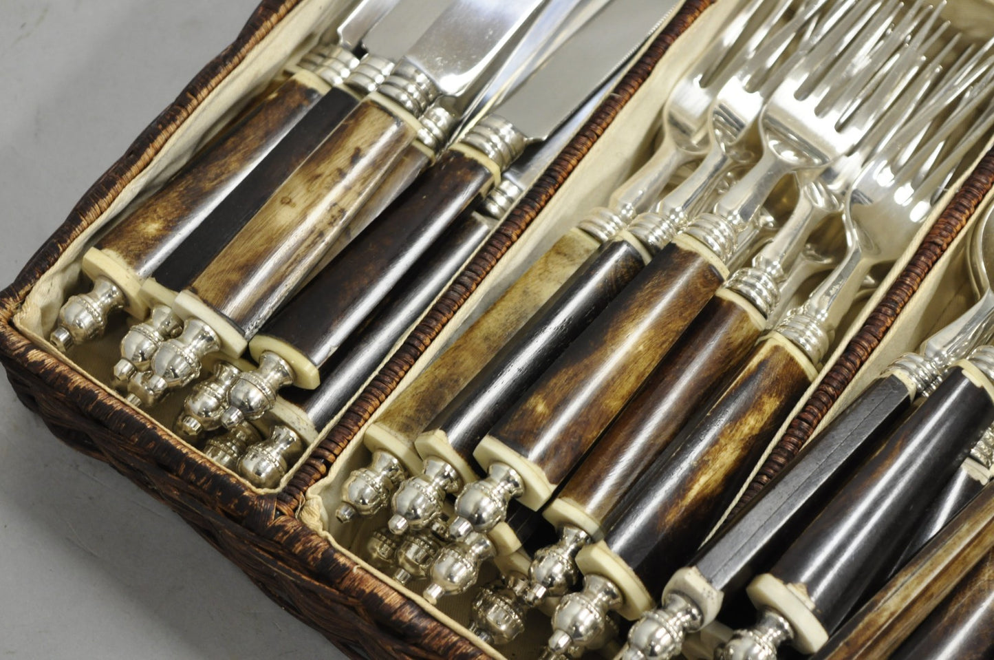 Vintage Hollywood Regency Faux Horn Handle Silver Flatware (5 pc) Set Svc for 12