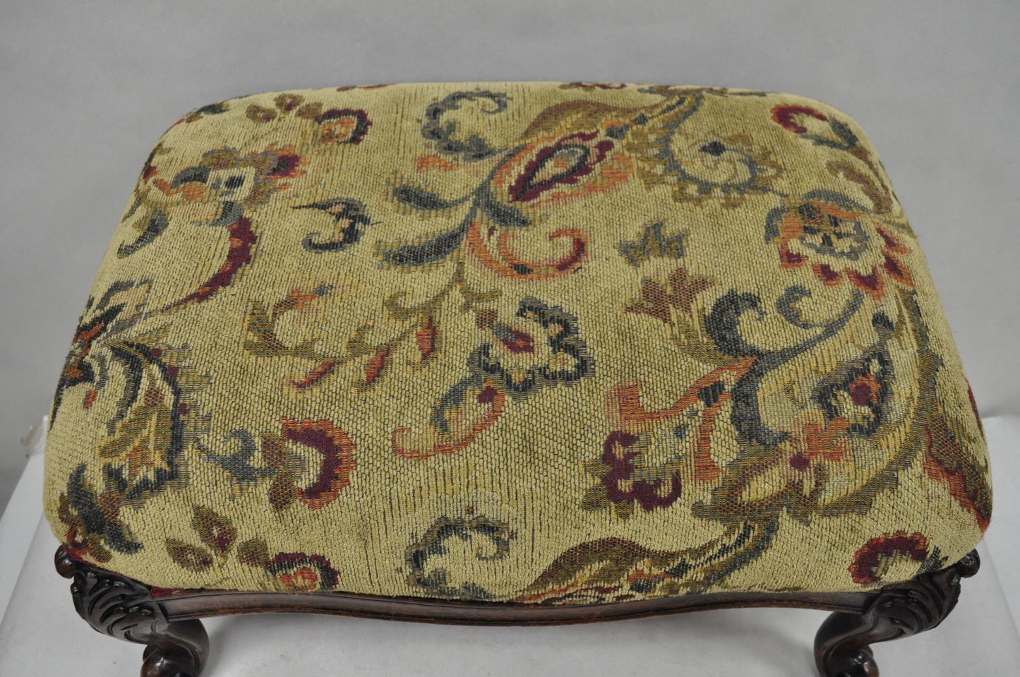 Antique French Louis XV Style Victorian Carved Mahogany Ottoman Footstool