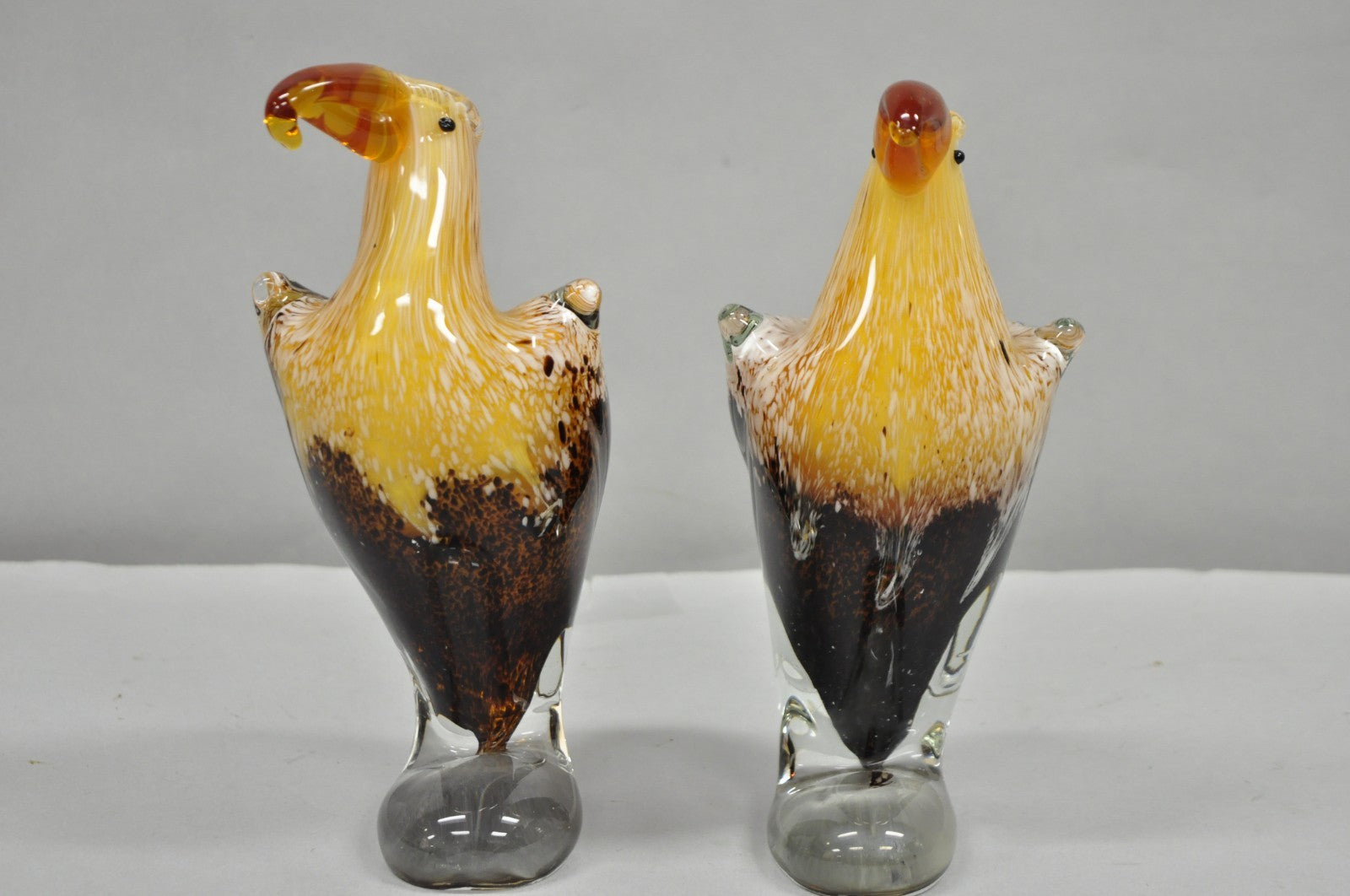 Vintage Murano Style Handblown Art Glass Brown Bald Eagle Bird Figurine - a Pair