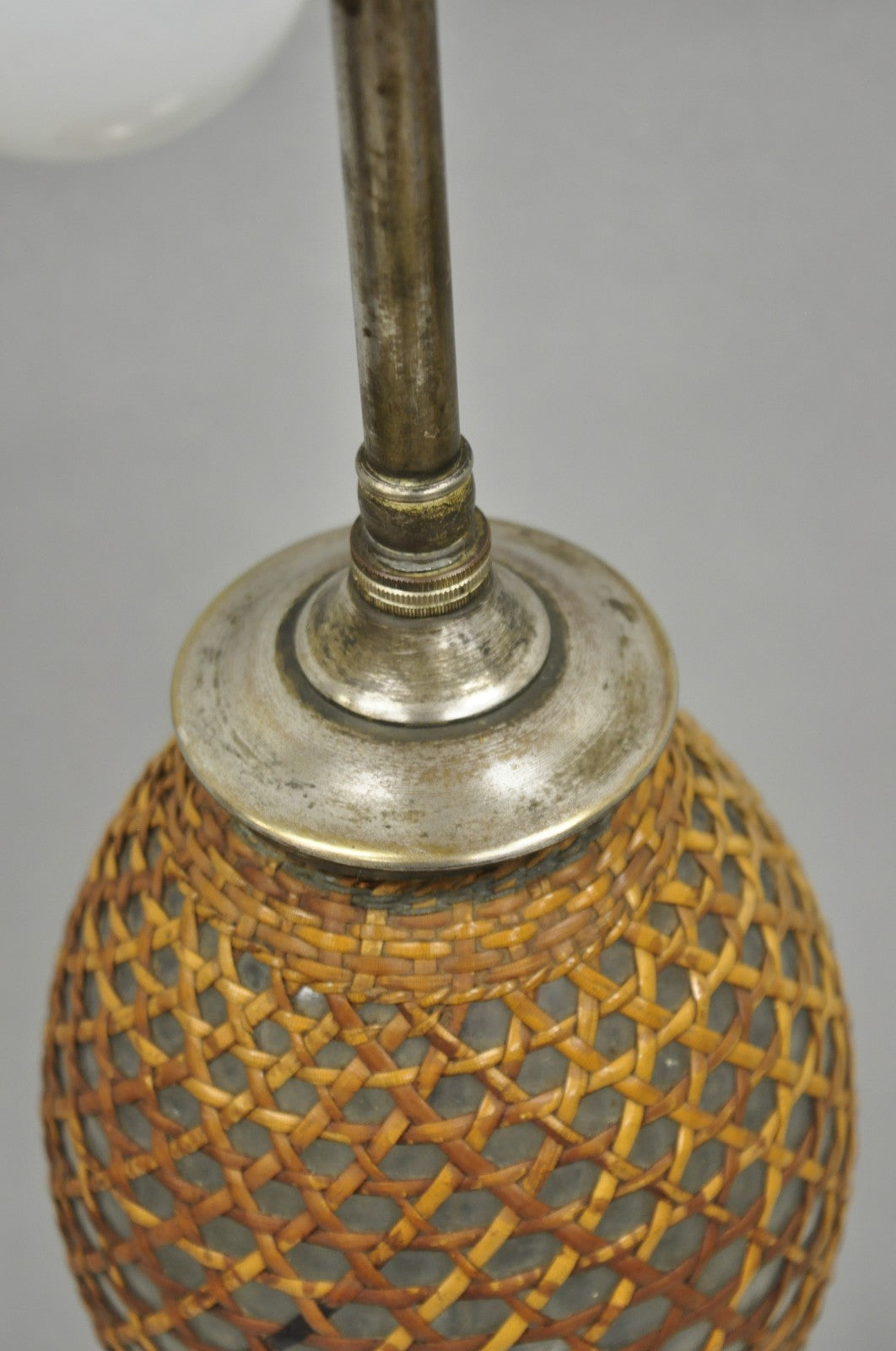 Antique French Victorian Rattan Wrapped Blown Glass Seltzer Bottle Table Lamp