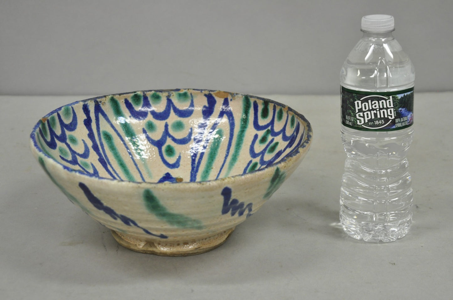 Antique Fajalauza Enamel Spanish Terracotta Pottery Blue Green Painted Bowl