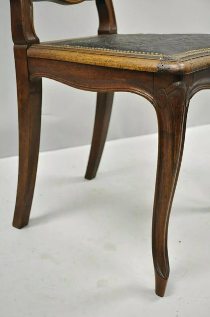 Antique French Louis XV Style Brown Embossed Leather Walnut Dining Side Chair A