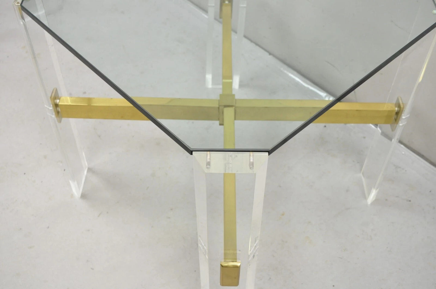 Vintage Mid Century Modern Lucite & Glass Brass Stretcher Occasional Side Table