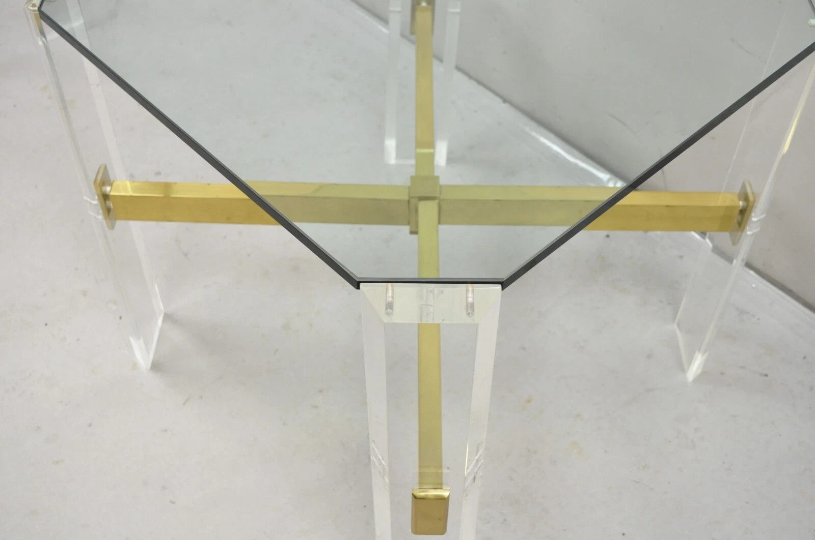 Vintage Mid Century Modern Lucite & Glass Brass Stretcher Occasional Side Table