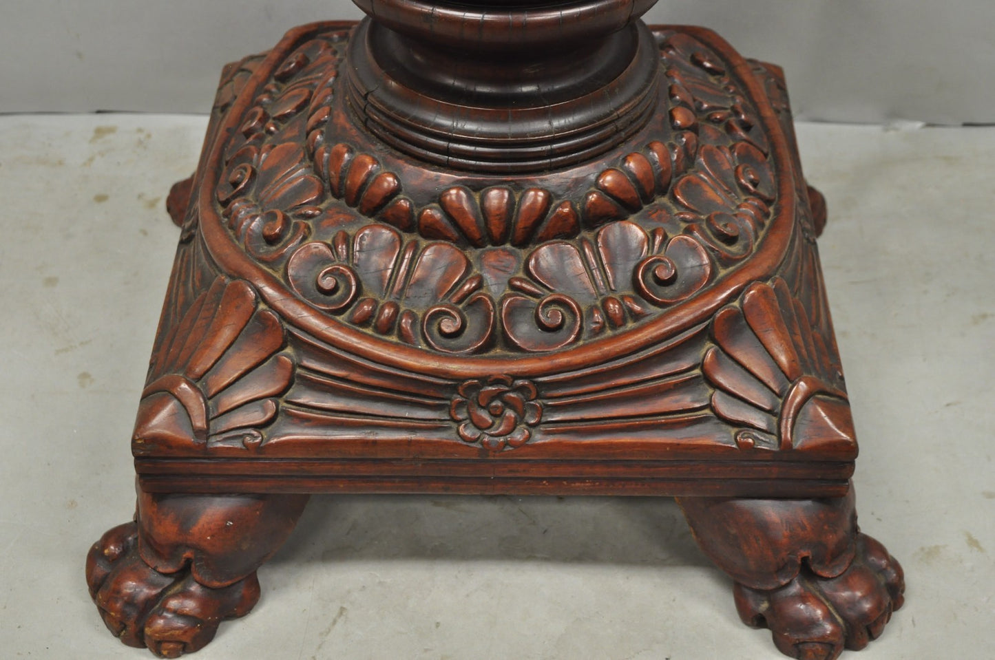 Antique American Empire Carved Mahogany Cannonball Paw Foot Pedestal Table Base