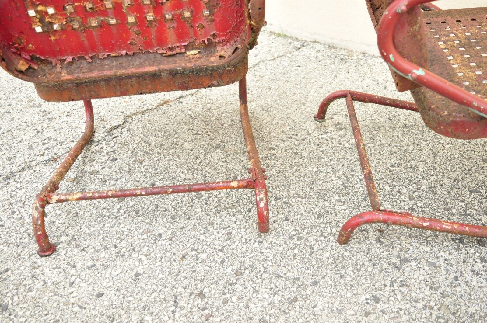 Antique Art Deco Basketweave Red Distress Paint Bouncer Garden Chairs - a Pair