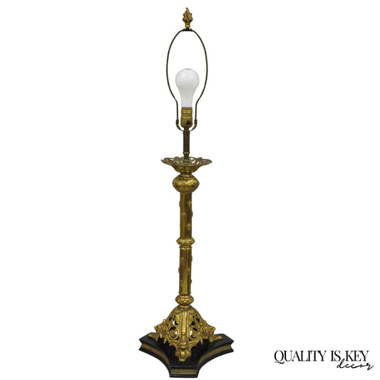 Antique French Renaissance Gothic Figural Brass Candlestick Column Table Lamp