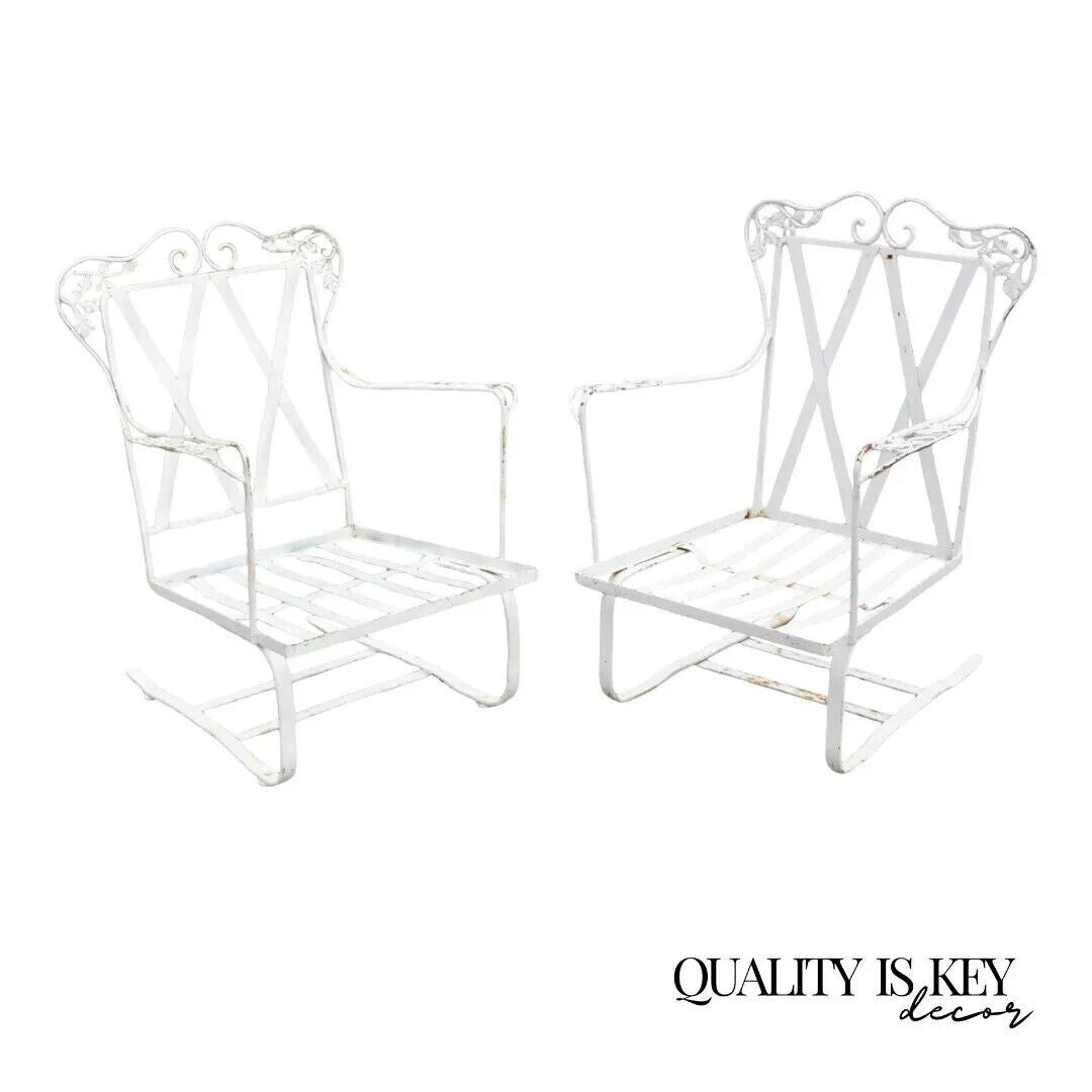 Antique Woodard Orleans Pattern Wrought Iron Patio Bouncer Lounge Chair - a Pair