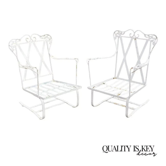 Antique Woodard Orleans Pattern Wrought Iron Patio Bouncer Lounge Chair - a Pair