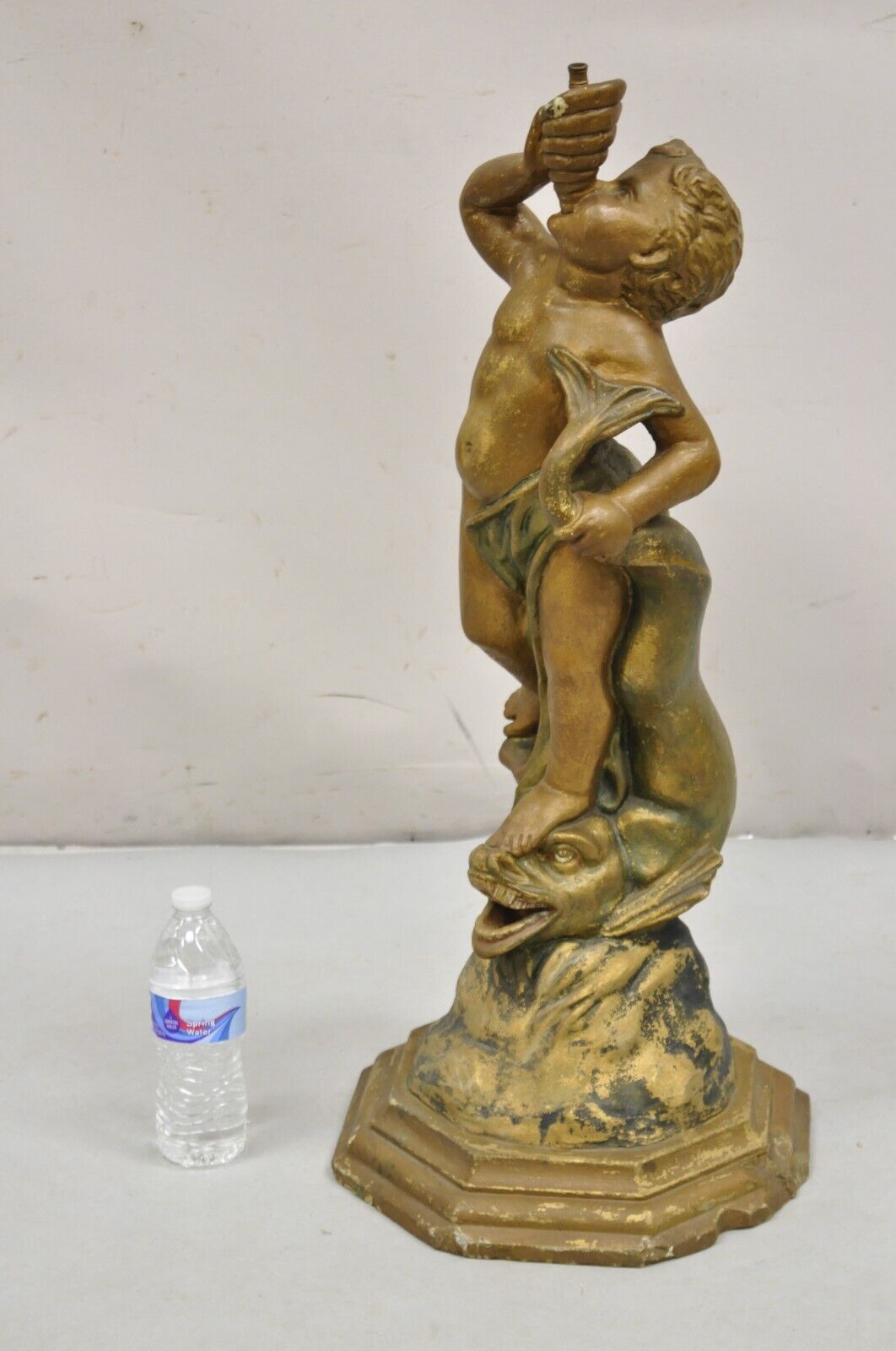 Antique Terracotta Italian Classical Boy Putti & Dolphin Statue Garden Fountain