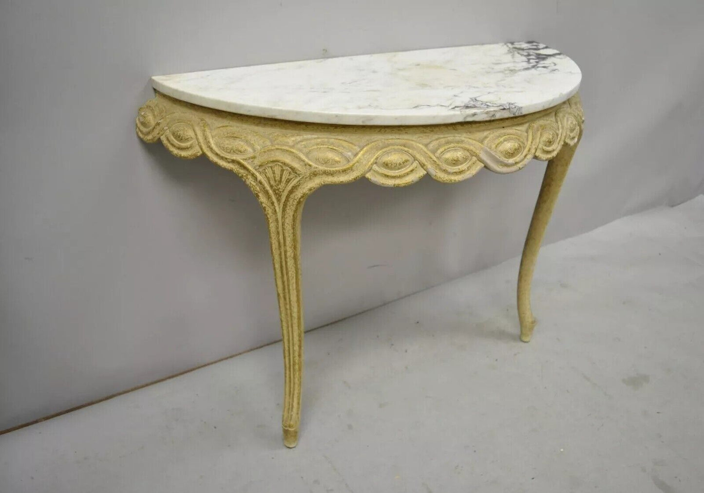 Italian Neoclassical Half Round Demilune Marble Top Ribbon Carved Console Table