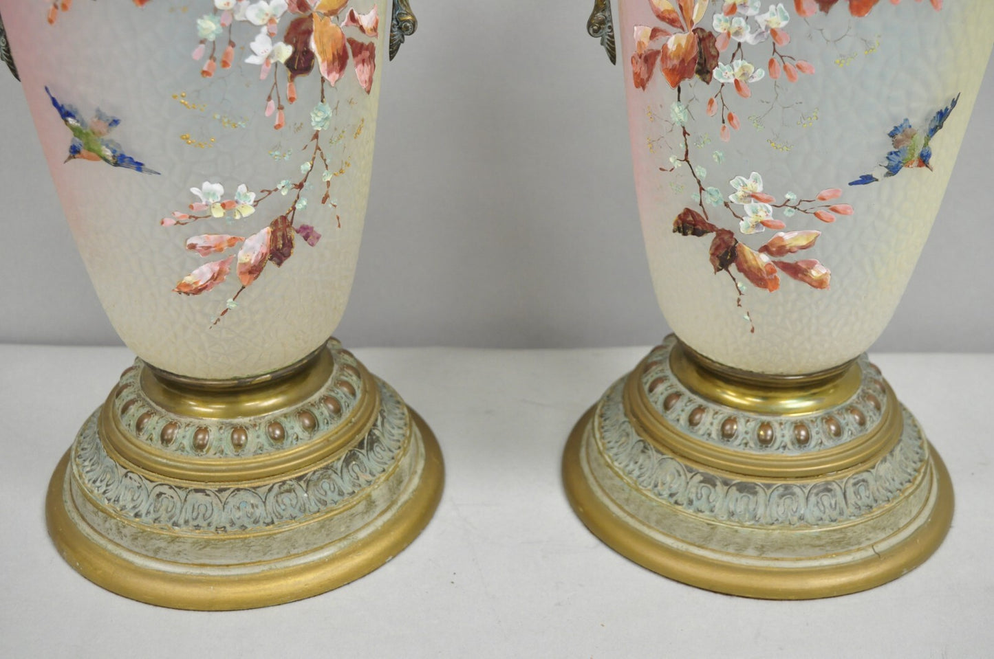 Antique English Victorian Rainbow Glass Hand Painted Birds Table Lamp - a Pair