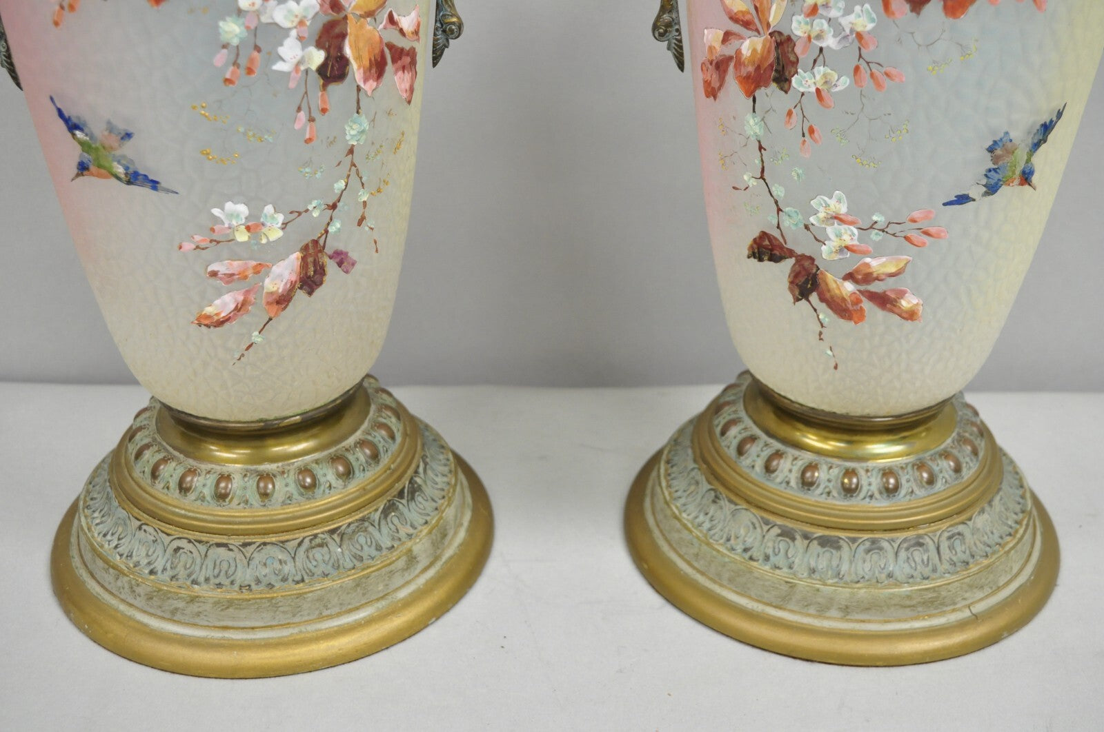 Antique English Victorian Rainbow Glass Hand Painted Birds Table Lamp - a Pair