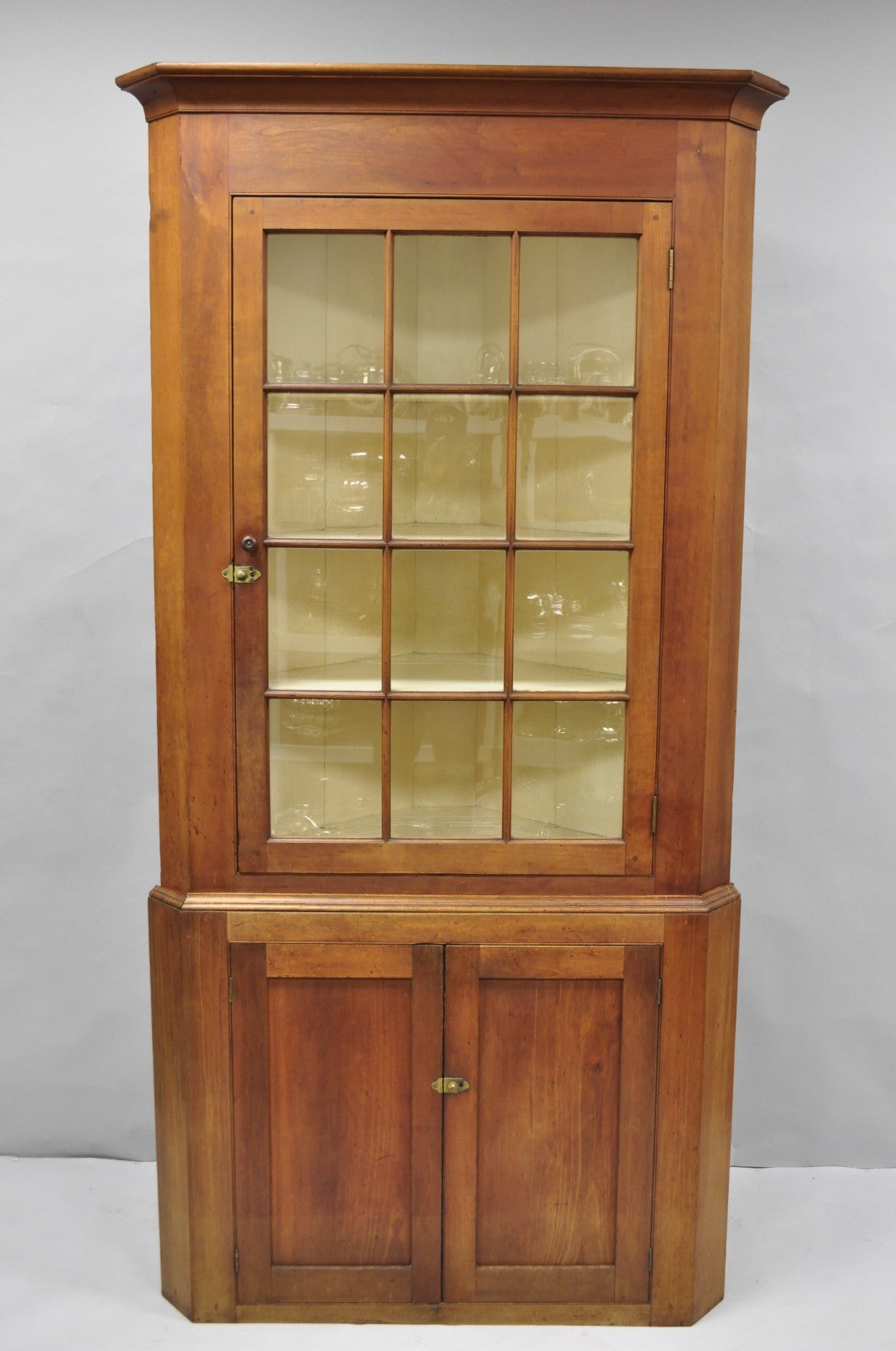 Antique Colonial Primitive Cherry Wood Glass Front Corner China Cabinet Cupboard
