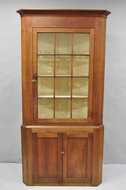 Antique Colonial Primitive Cherry Wood Glass Front Corner China Cabinet Cupboard