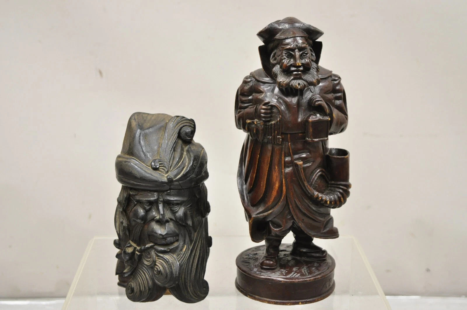 19th C European Black Forest Figural Wood Carved Bearded Man Lidded Tobacco Jar