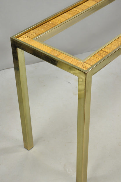 Vintage Mid Century Modern Brass Metal and Rattan Gold Console Hall Table