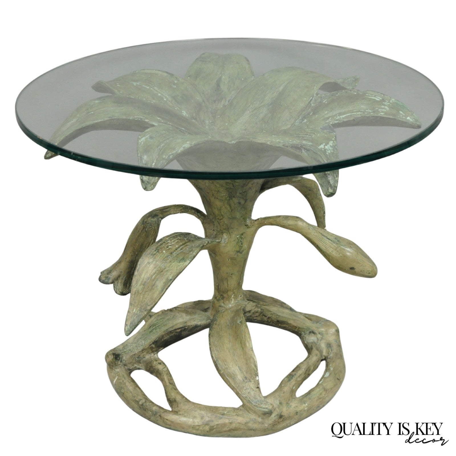 Vintage Arthur Court Green Verdigris Gilt Bronze & Glass Lily Flower Side Table