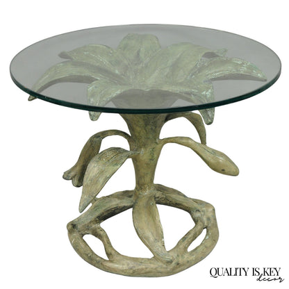 Vintage Arthur Court Green Verdigris Gilt Bronze & Glass Lily Flower Side Table