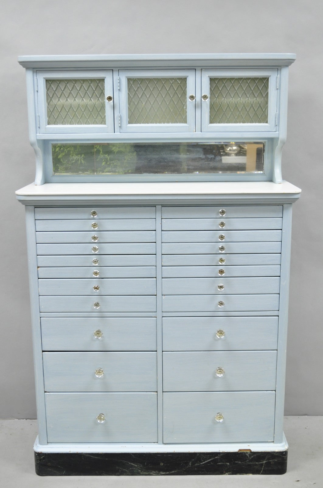 Antique Art Deco Medical Dental Cabinet Blue Painted w/Mirror and 22 Drawers