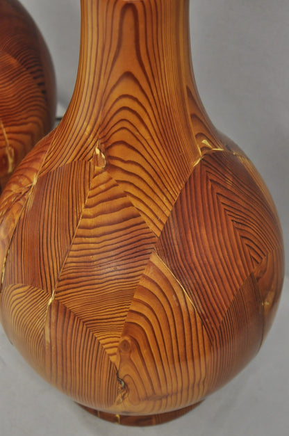 Vintage Mid Century Modern Bulbous Sculpted Swedish Pine Wood Table Lamps, Pair