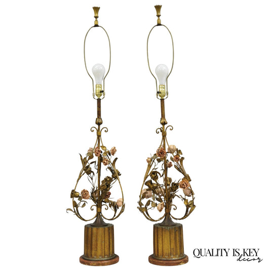 Italian Hollywood Regency Gold Gilt Iron Metal Pink Rose Tall Table Lamps Pair