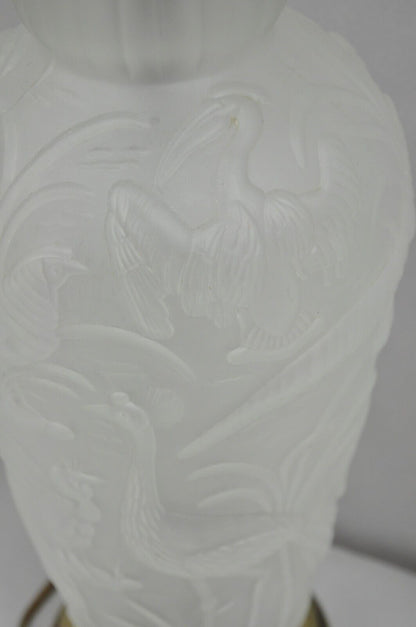 Vintage Chinoiserie Raised Satin Glass Tropical Birds Art Nouveau Table Lamp