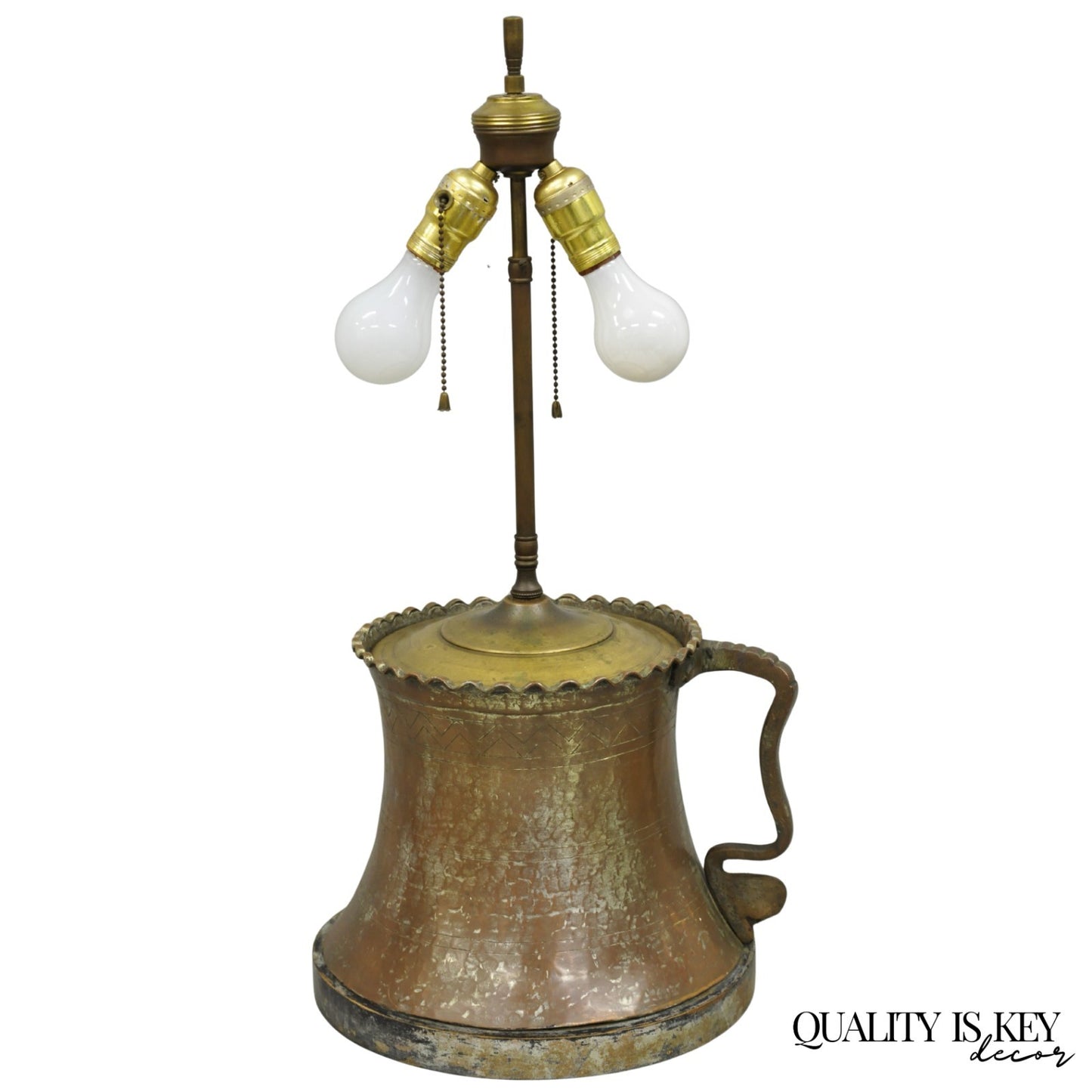 Antique Anglo Indian Moroccan Hammered Copper Pitcher w Handle Table Lamp