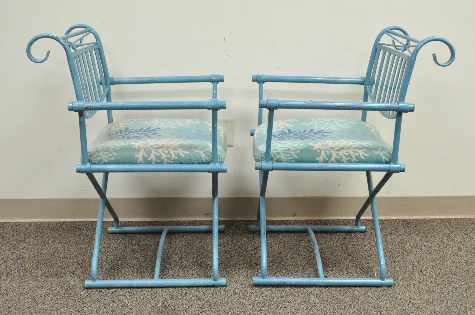Vintage Hollywood Regency X-Frame Blue Iron Curule Directors Arm Chairs B - Pair
