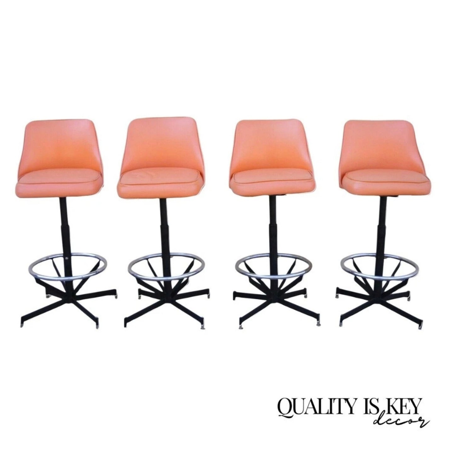 Vintage Mid Century Modern Atomic Orange Vinyl Metal Swivel Barstools - Set of 4