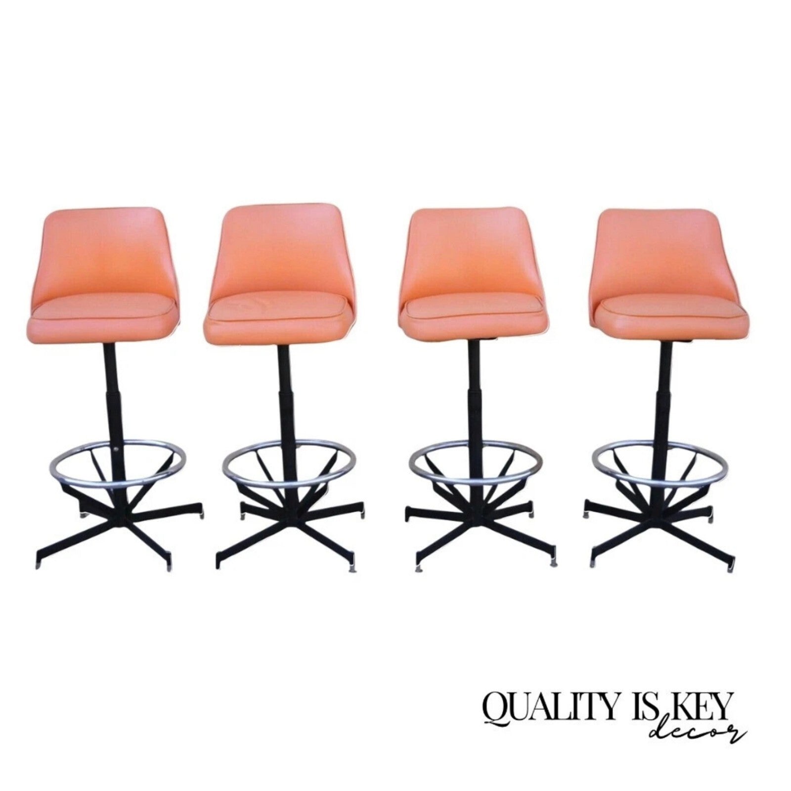 Vintage Mid Century Modern Atomic Orange Vinyl Metal Swivel Barstools - Set of 4