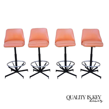 Vintage Mid Century Modern Atomic Orange Vinyl Metal Swivel Barstools - Set of 4