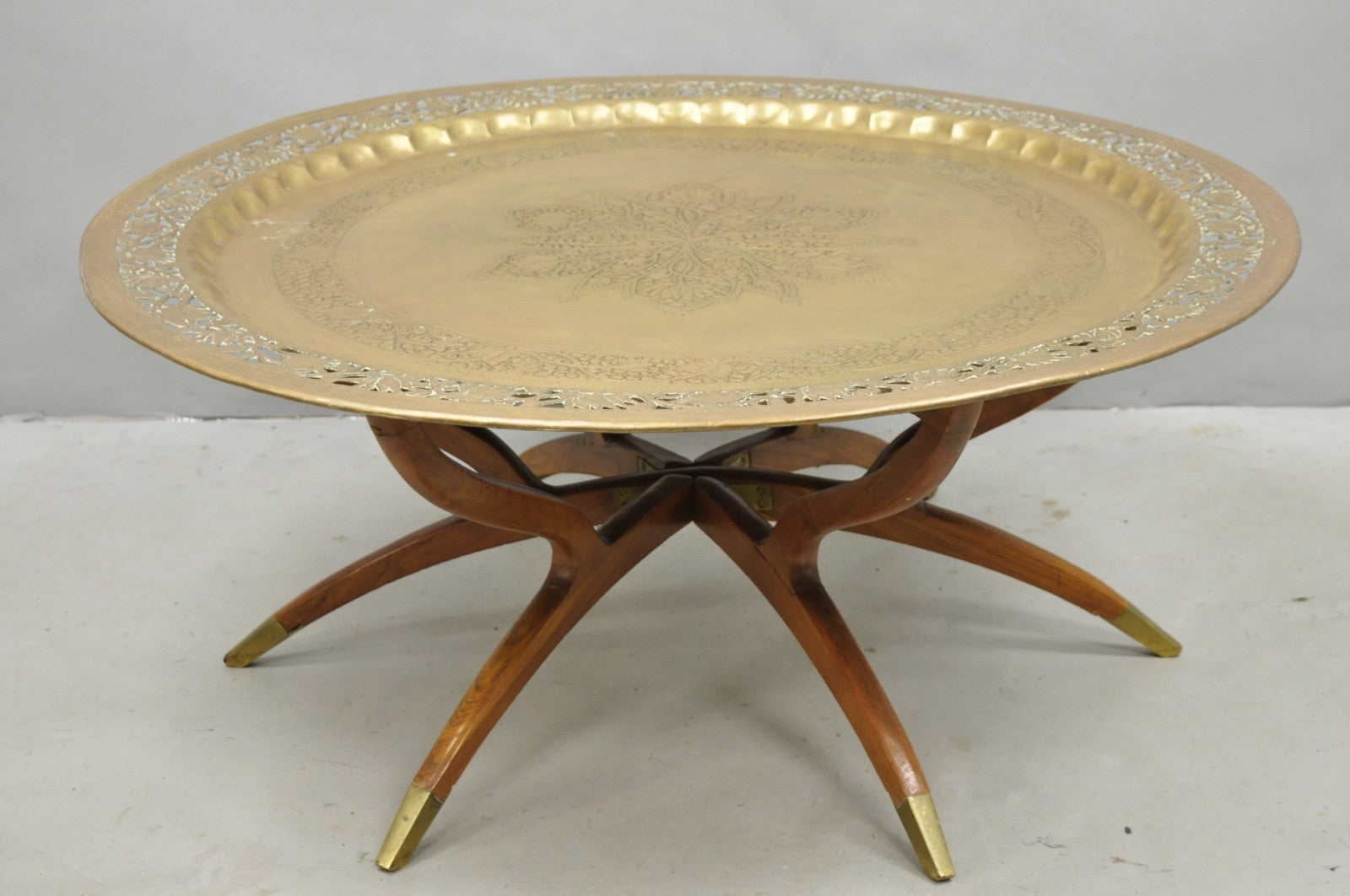 Vintage Moroccan 40" Round Brass Tray Top Teak Folding Spider Leg Coffee Table