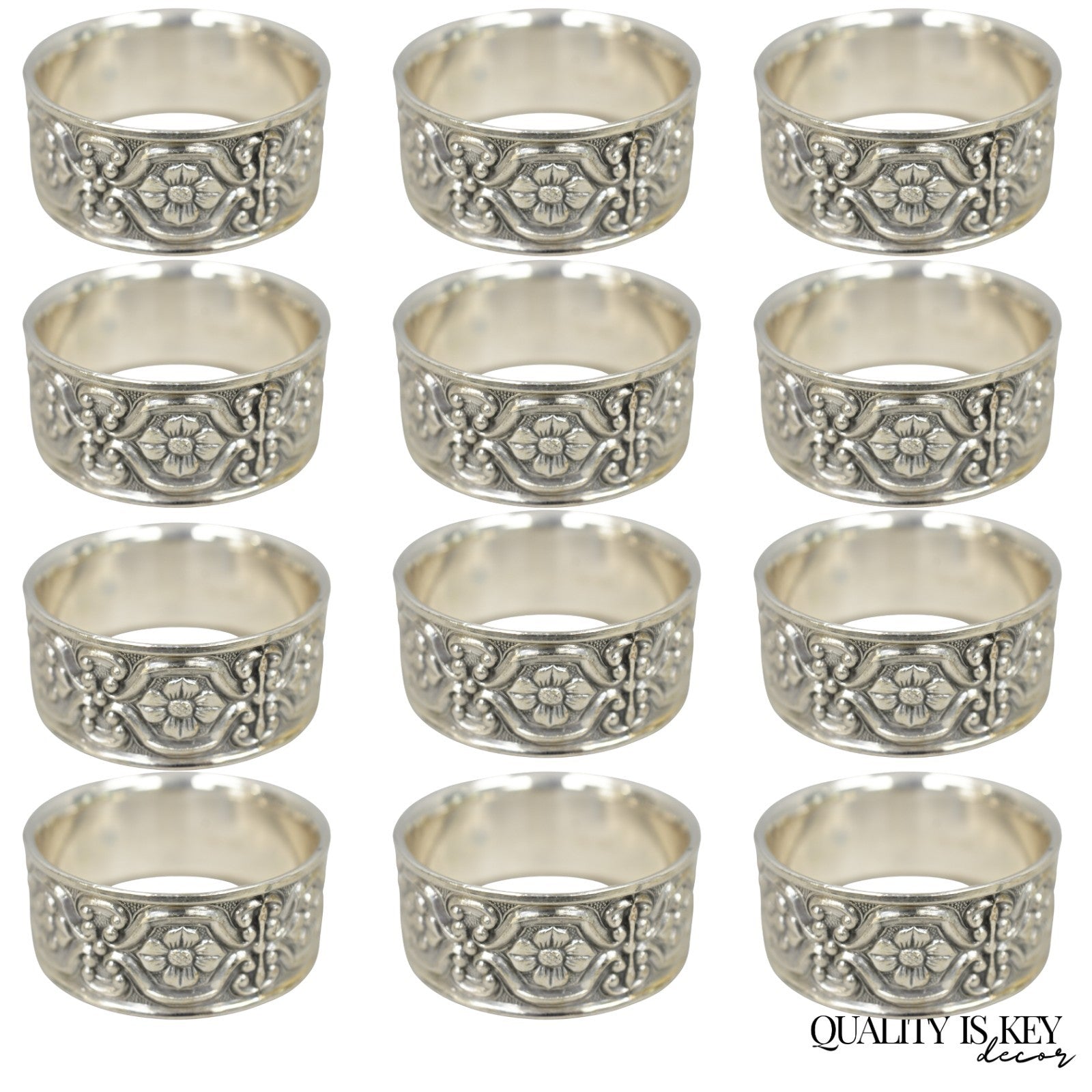 Vintage Victorian Style Silver Plated Floral Embossed Napkin Rings - Set of 12