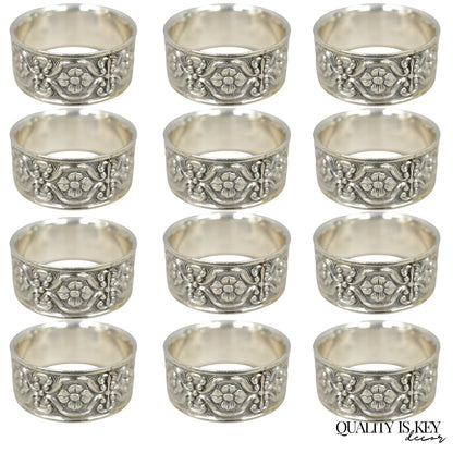Vintage Victorian Style Silver Plated Floral Embossed Napkin Rings - Set of 12